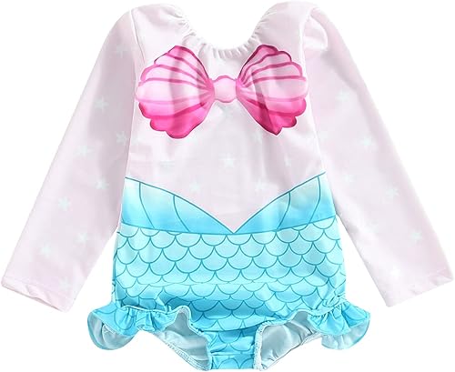 Louatui Traje de baño de una pieza para niña pequeña, de manga larga, con volantes, colas, traje de baño de 1, 2, 3, 4, 5, 6T, traje de baño de