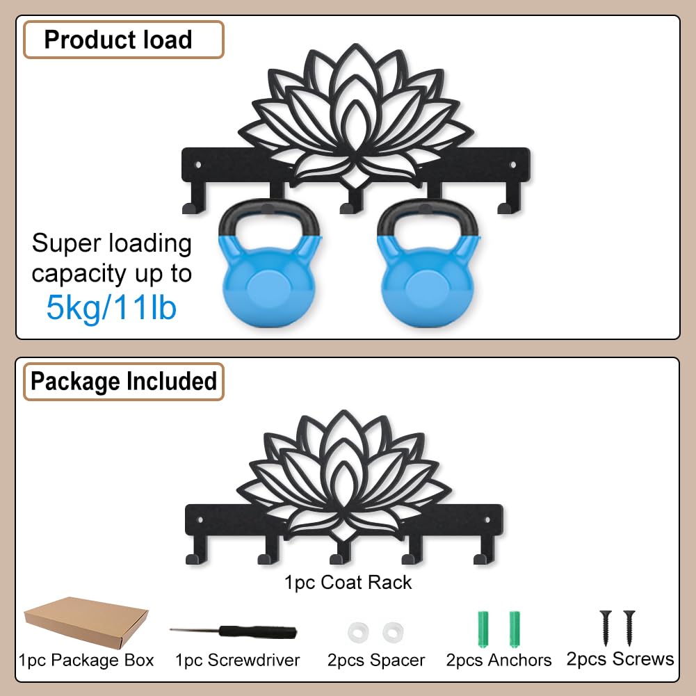 MAYJOYDIY Modern Lotus Key Holder, 12×25cm, Black Metal Wall Mounted Key Rack with 5 Hooks - Image 3
