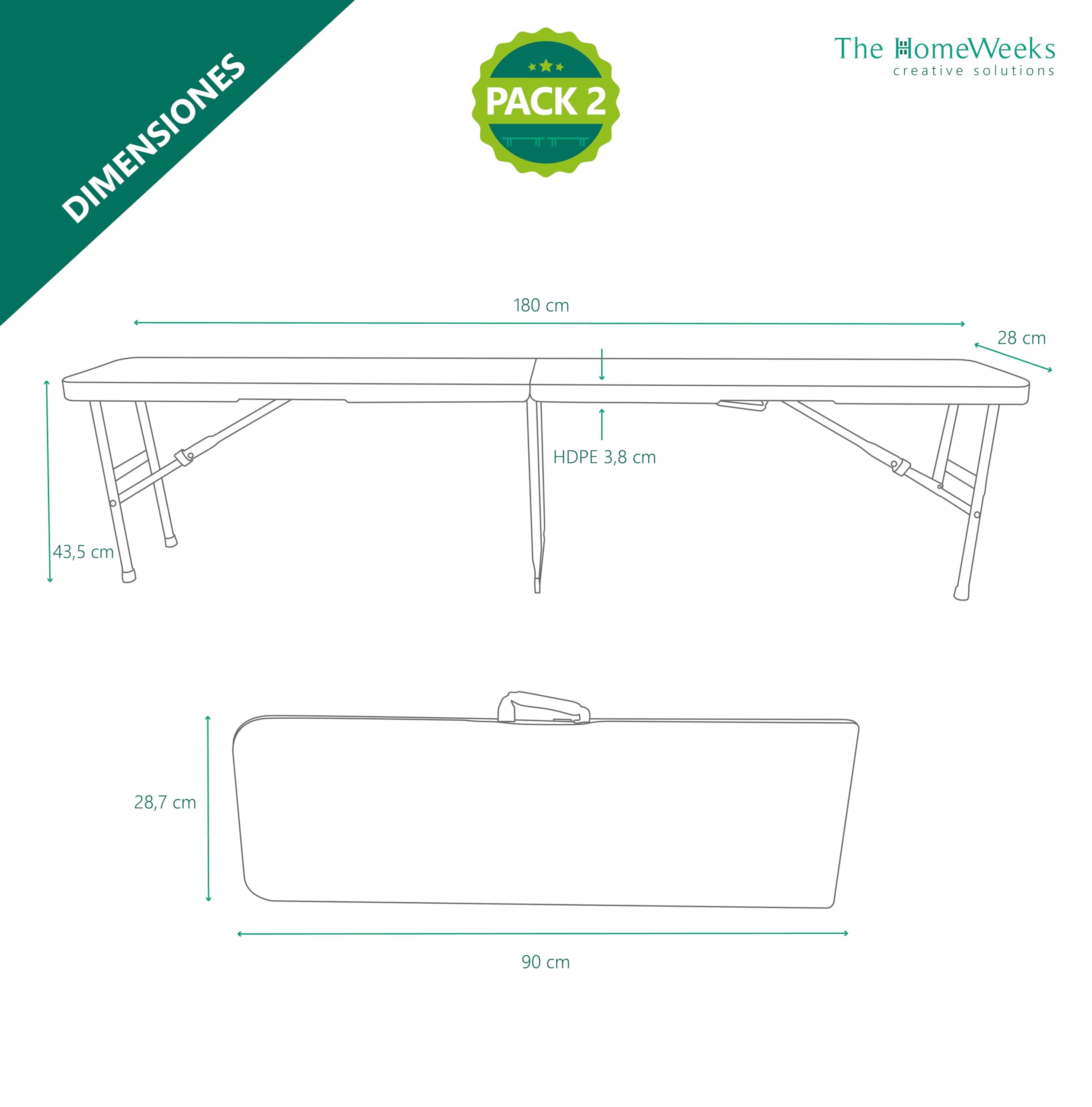 The Homeweeks Pack Mesa Plegable con 2 Bancos Solid 180cm portátiles | Normativa Uso público Interior/Exterior | Capacidad 6/8 Personas | Carga 150 kg Mesa y 300 kg por Banco Multiusos jardín