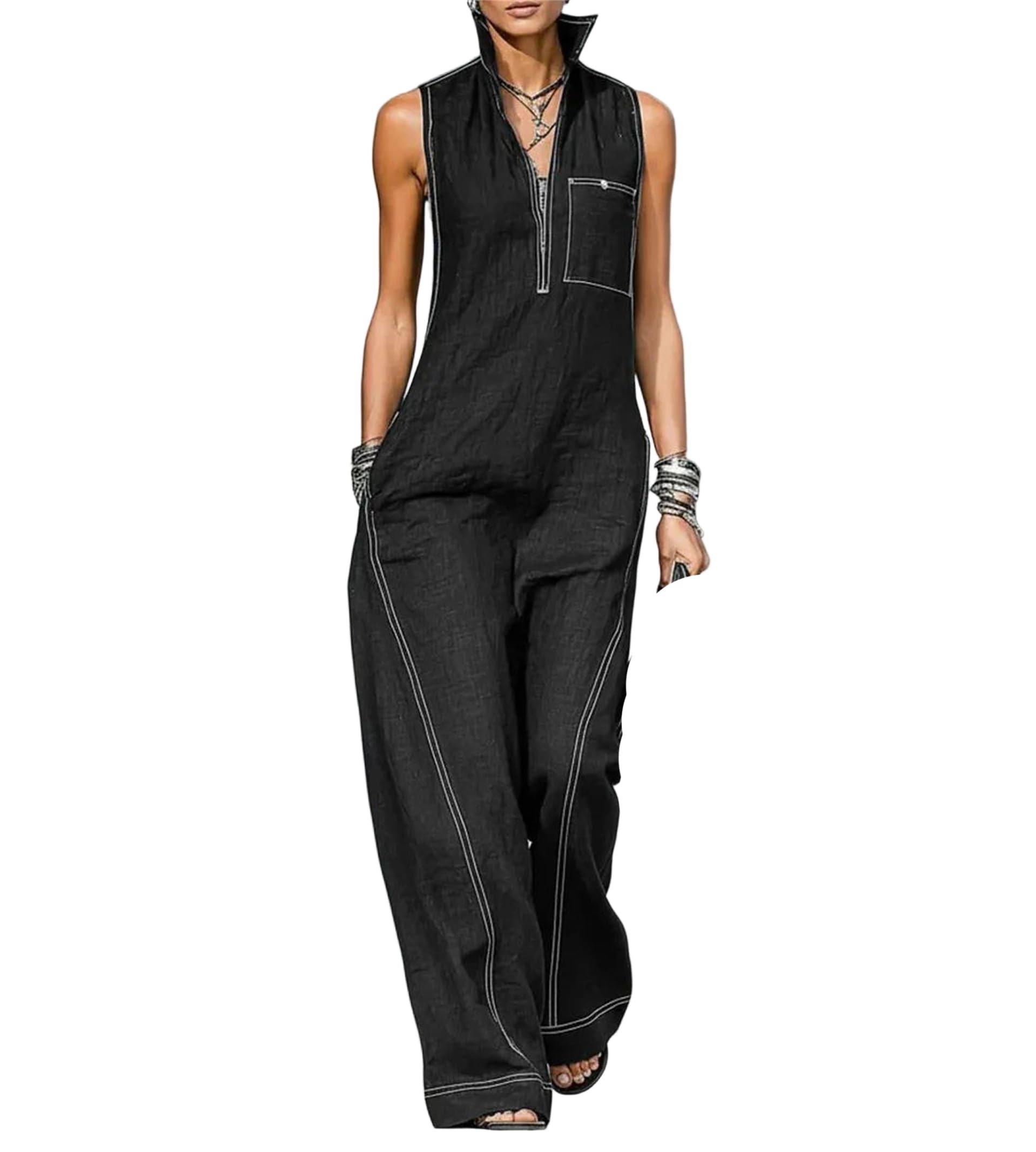 Yeuyyben Enterizo de algodón y lino para mujer, sin mangas, cuello mandarín, pierna ancha, casual, ajuste holgado, elegante, de verano