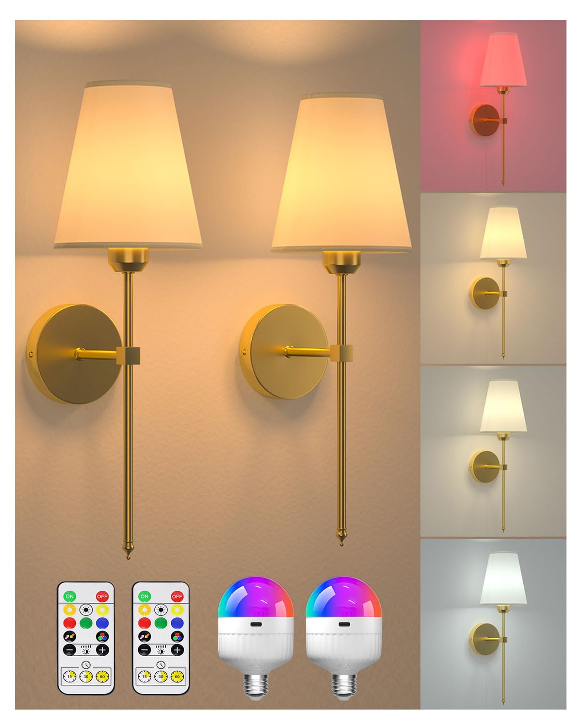 Klarlight Batterie Fonctionne mur Sconce Ensemble de 2, RGB+3CCT Lampes Murales Rechargeables 5000mAh, Dimmables Télécommande, Sans fil Chambre Salon