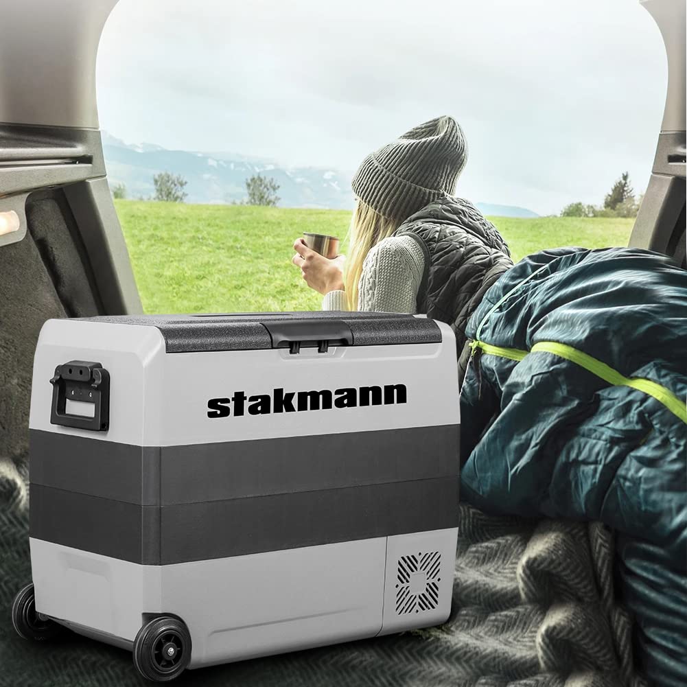 Frigorifero Portatile con Compressore 12V 220V, Frigo Congelatore con 2 Scomparti, Ruote e Manici Laterali, AC-DC 12/24 V, Ideale per Auto, Camper, Barca, Viaggi, Picnic (60 Litri)