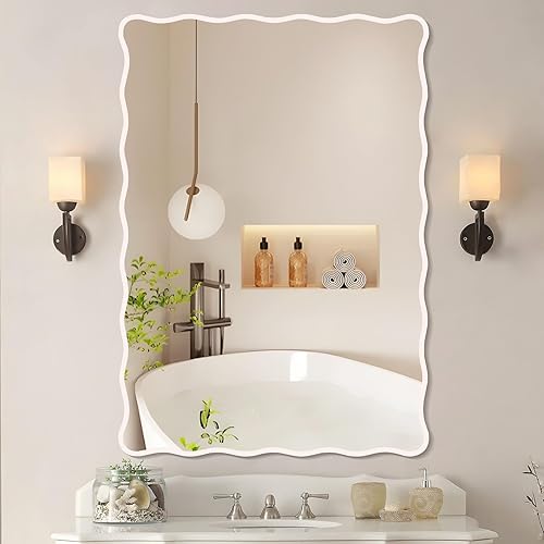 Espejo de baño ondulado blanco de 24 x 36 pulgadas, espejo festoneado rectangular para decoración de pared, tocador de baño, dormitorio, sala de