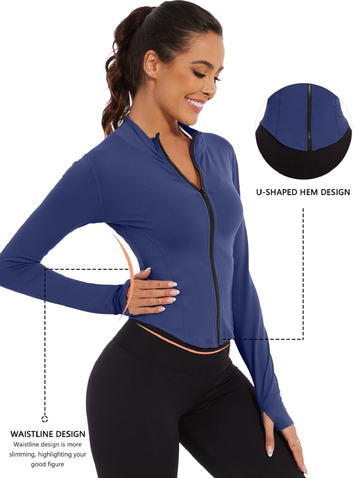 Chaqueta Deportiva para Mujeres Manga Larga Chaqueta de running con Cremallera Completa Chaqueta Corta de Entrenamiento con Orificio para el Pulgar Chaqueta Deportiva de Verano(Azul marino,S)