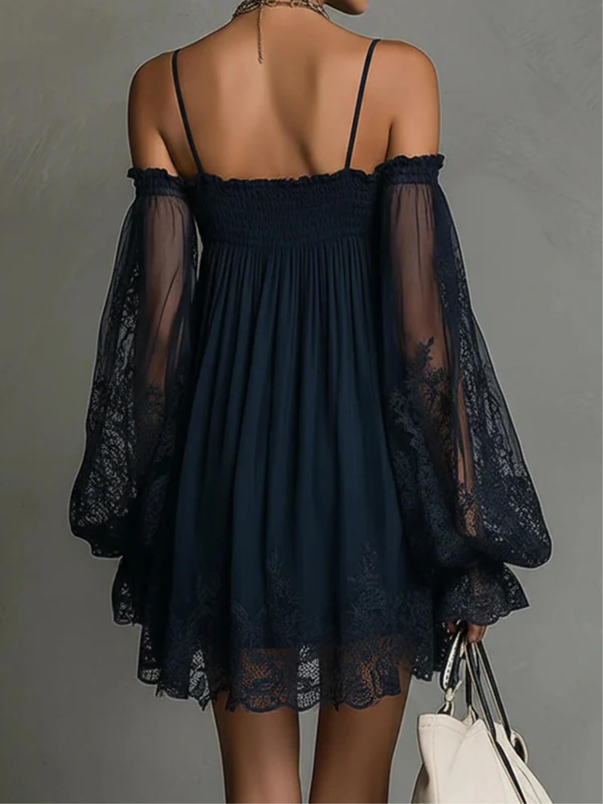 Minigonna Donna Fuori Spalla Pizzo Mini Abito Manica Lunga Boho da Festa, Affumato Collo Trasparente Lanterna Sciolto Abito-Green-s