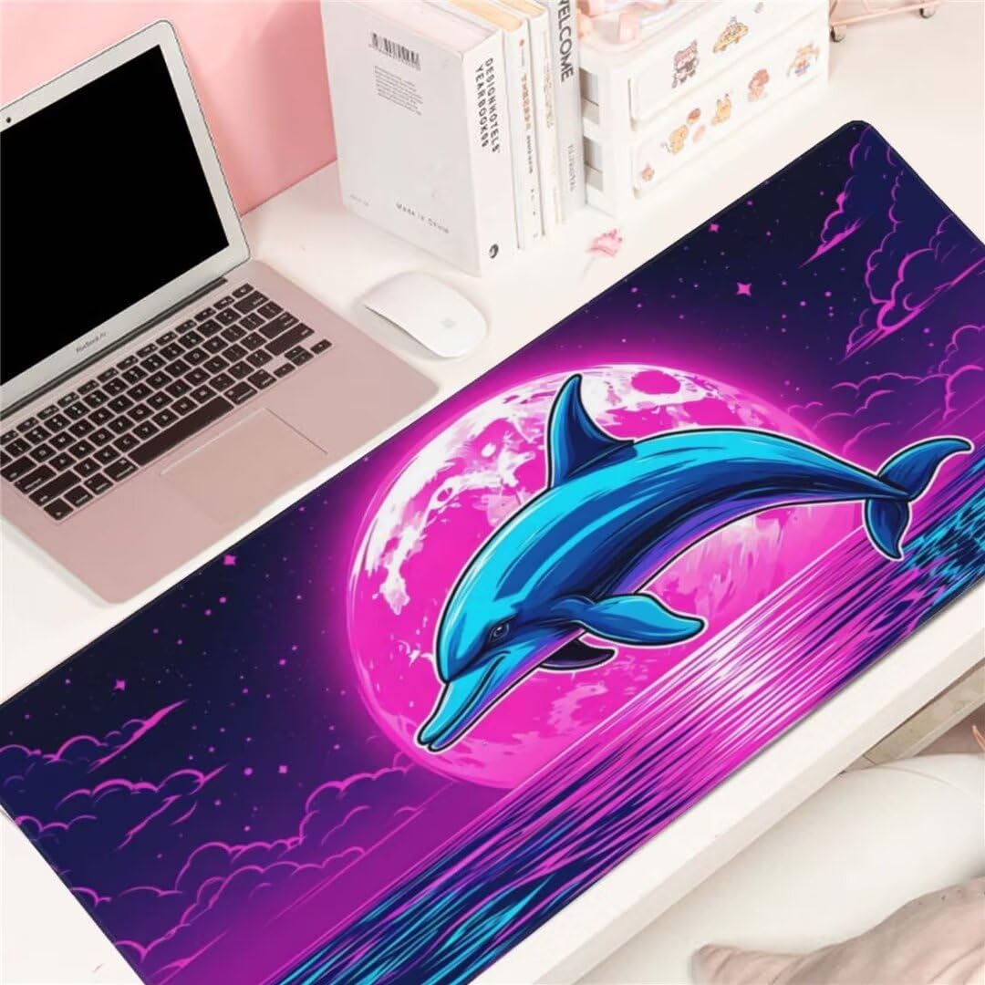 Alfombrilla de ratón 1400x600x3 MM, Alfombrilla Ratón XXL Extendida de Gran Tamaño con Bordes Cosidos, Base de Goma Antideslizante Almohadilla para Teclado, Delfín de la Luna S-12311