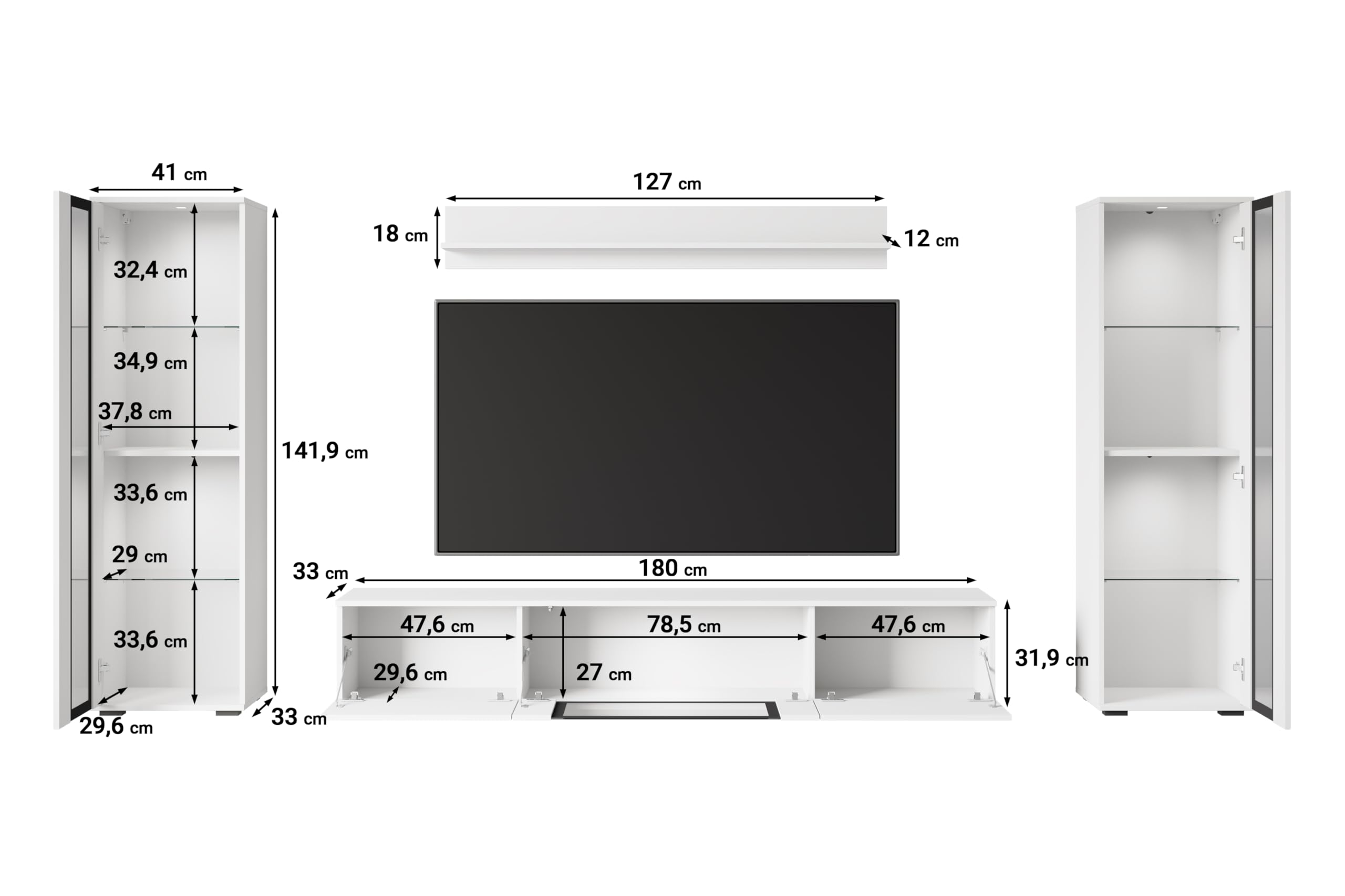 MINIO go for it - Ensemble de Meubles de Salon FARO 4 pièces avec LED | Armoire haute, vitrine, meuble bas avec porte en verre, étagère murale, panneau stratifié, blanc mat / blanc brillant