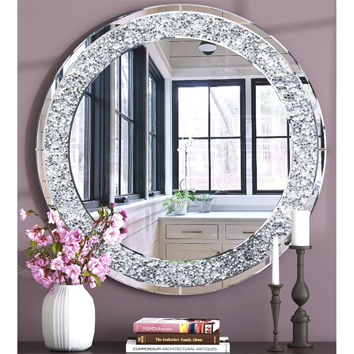 Biznest Large Jewel Round Wall Mirror Loose Diamante New Crystal Decor Mirror Gift 60Cm