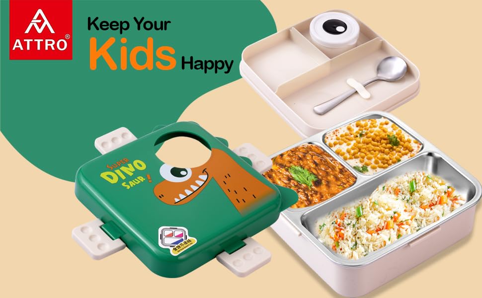 Image of ATTRO Carnival Super Dino Lunch Box 2 Layer Stainless Steel Lunch Box Comes with 1 Detachable Tray, 1 Small Container & 1 Spoon Ideal for Kids BPA Free 1120ml+70ml- Green
