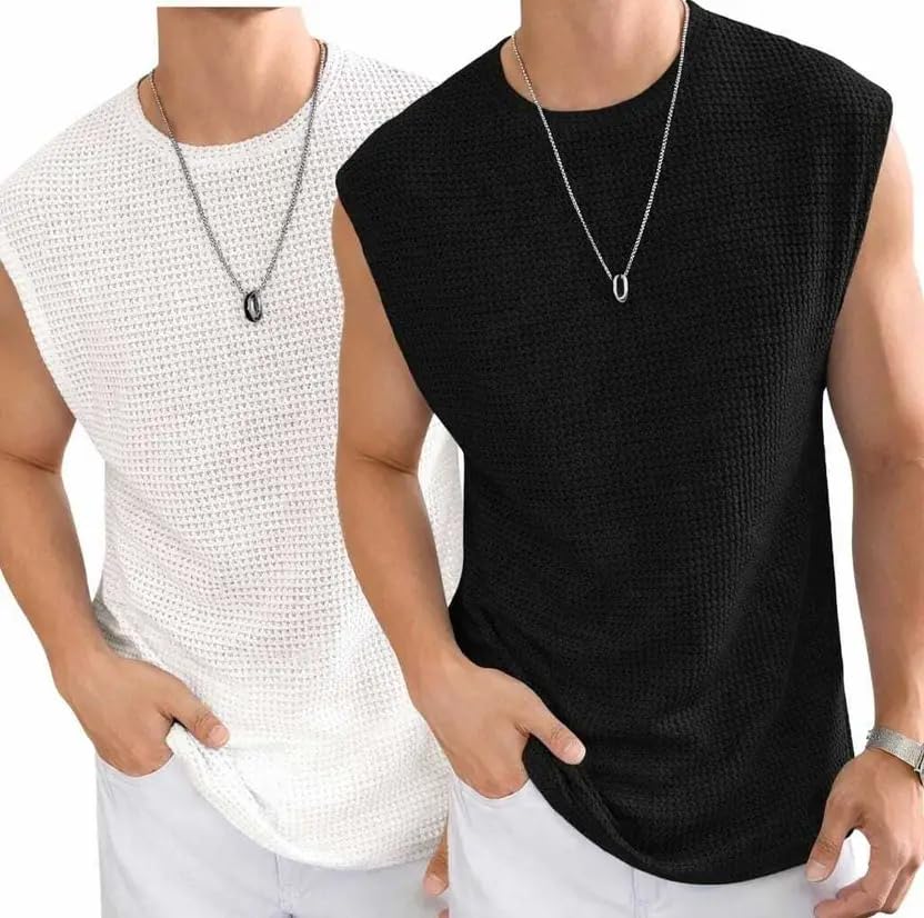 Men's Printed Sleeveless Waffle Tank Top Vest | Lightweight Gym & Casual Wear | Breathable Summer Undershirt