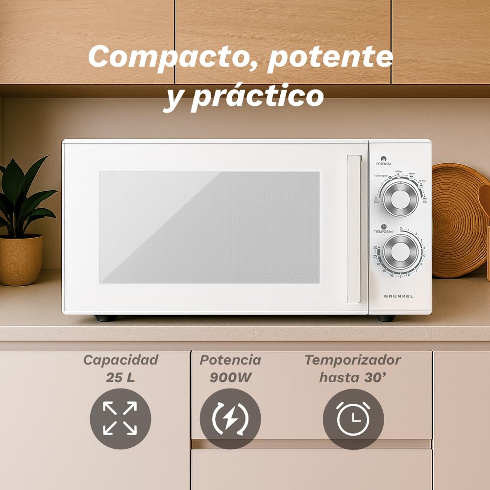 Microonde senza grill MG 25 litri, 900 W, 20 MG 5-6 livelli di potenza, 3 modalità combinate, timer 30 min apertura con maniglia e vassoio Ø245 mm (senza griglia)