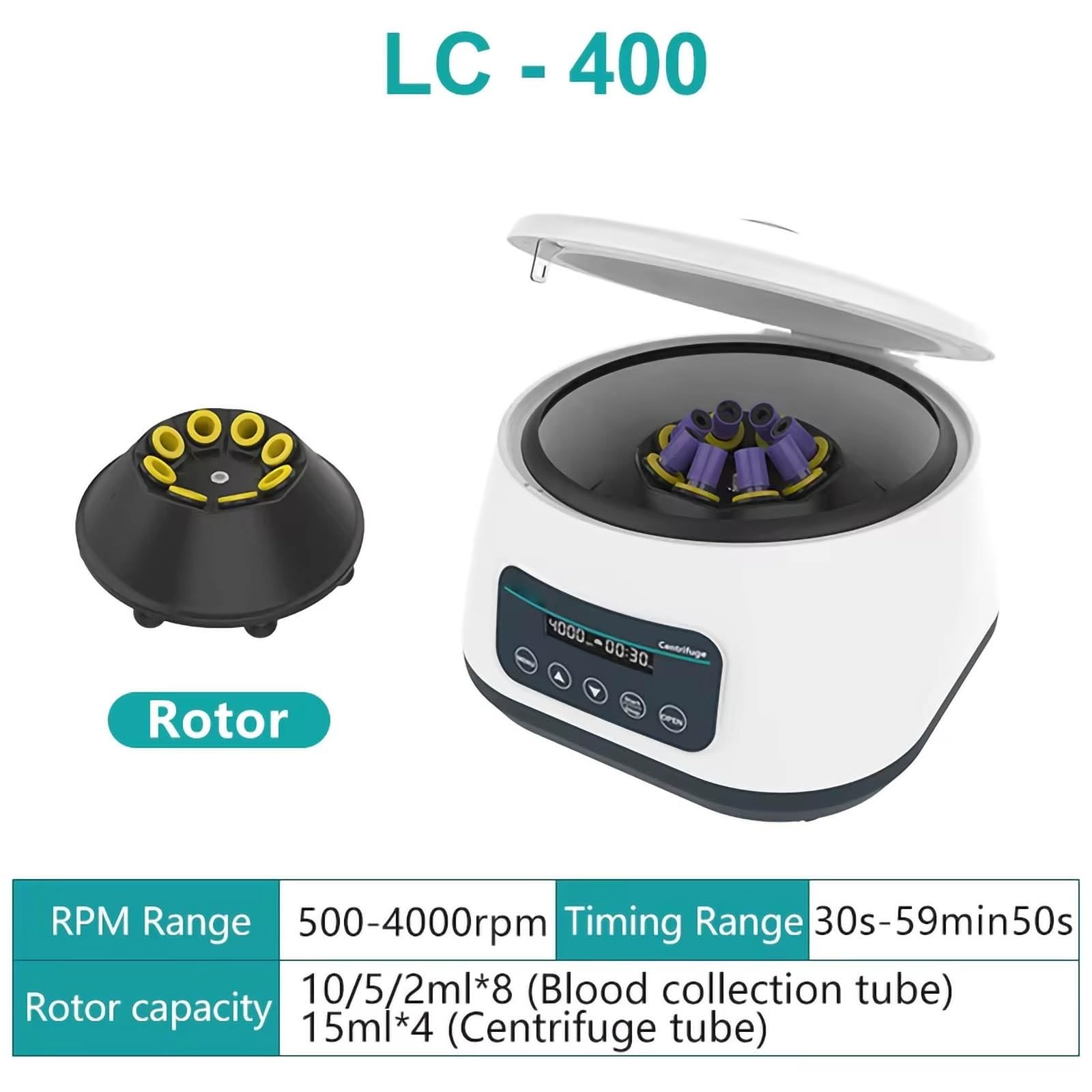 Máquina centrífuga de laboratorio, baja velocidad for preparación de PRP/PRF, sedimentación líquida, 500-4000 rpm, pantalla LCD, rotor de 15 ml x 4, acepta tubos de 2/5/10 ml
