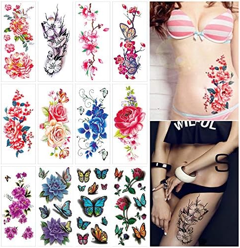 Flower Temporary Tattoos for Women Adults 3D Butterfly Rose Tattoo Sexy Fake Tattoo Stickers Waterproof Body Art Temp Tattoo Paper Colored Floral Lily Lotus Peony Festival Makeup Tattoo 12 Sheets
