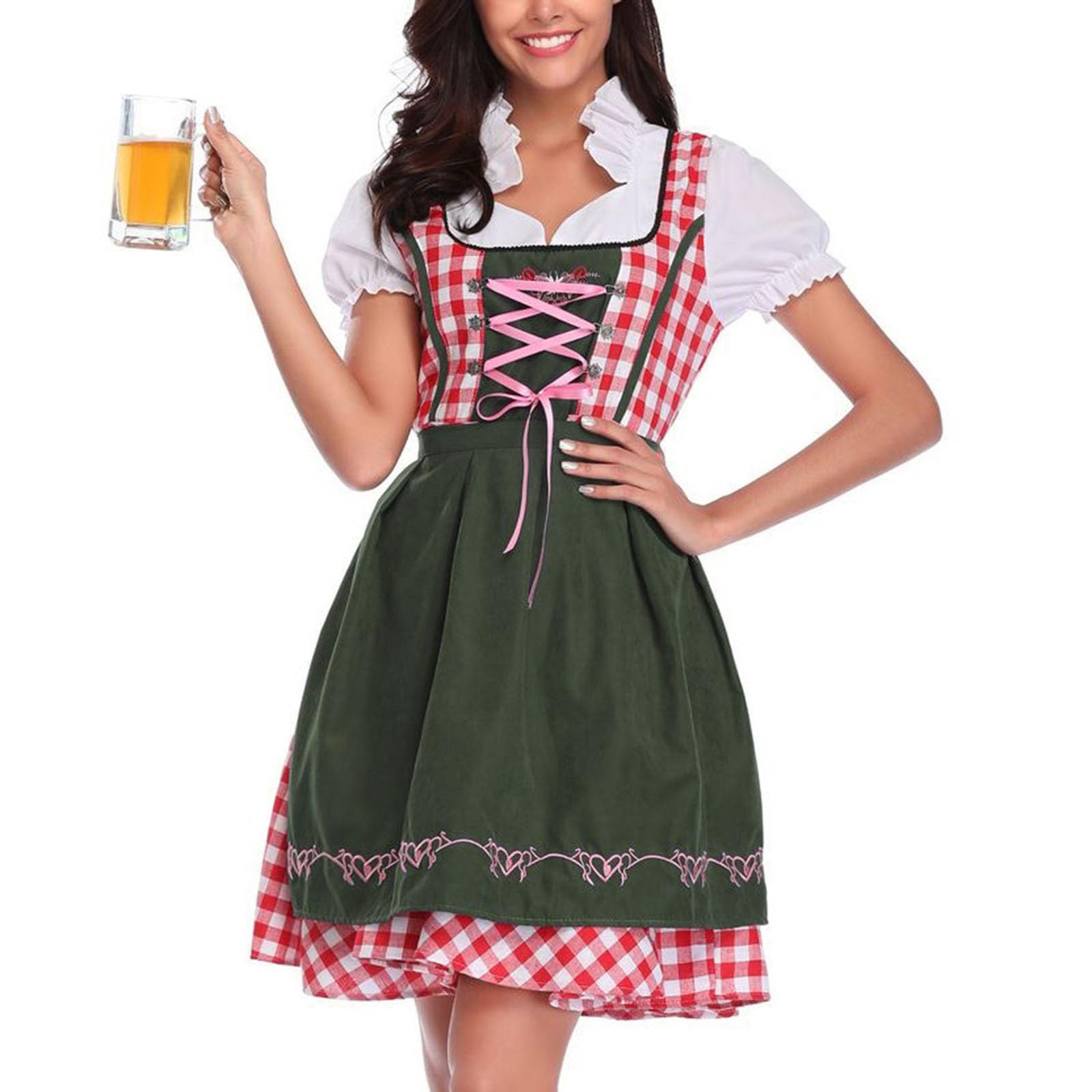 Generic3 Piece Women's German Dirndl Dress Oktoberfest Outfit Carnival Dirndl Bavarian Costumes for Carnival Oktoberfest Halloween Party Plaid Fancy Dress Outfit