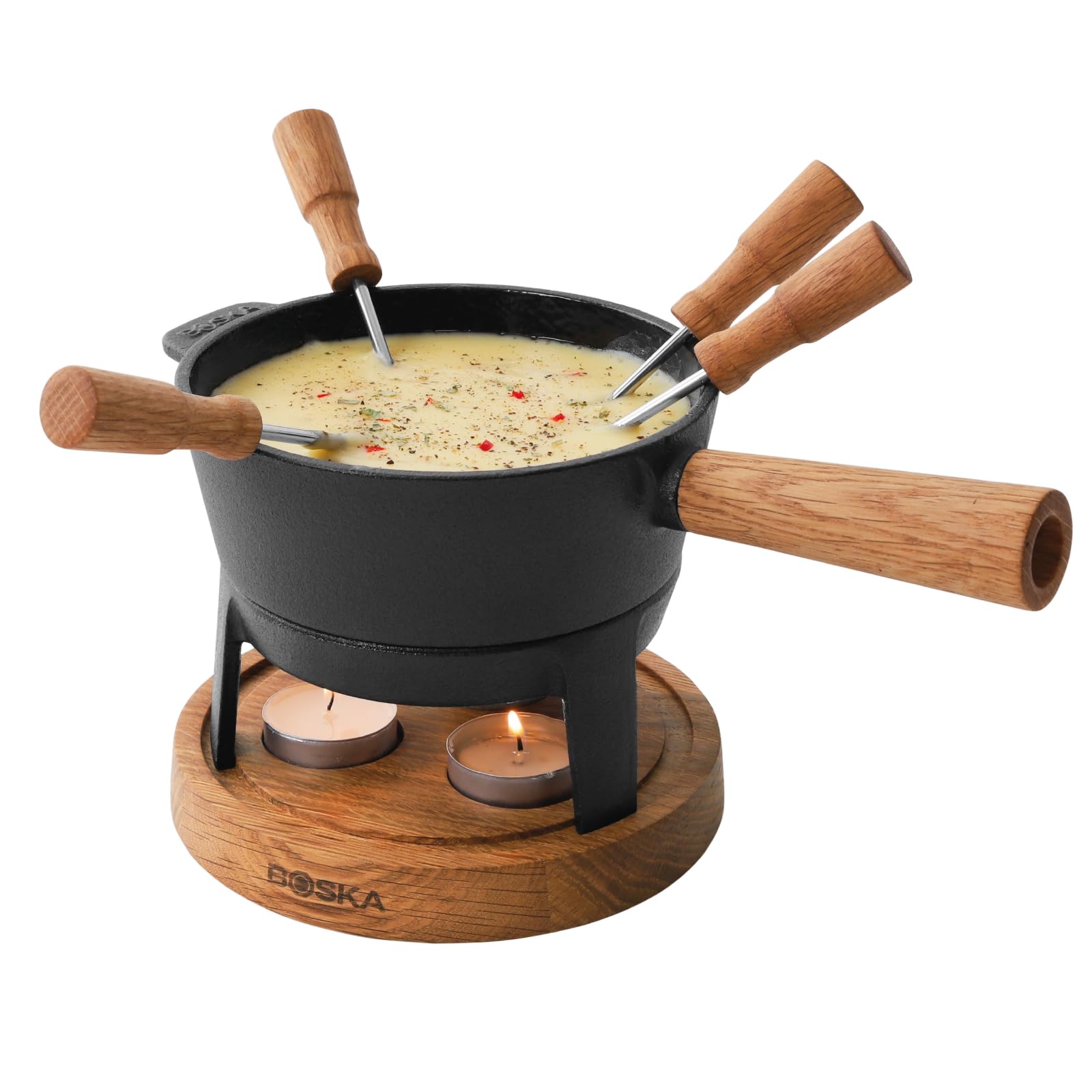 Boska Appareil à fondue Pro S - Fondue - Service à Fondue - Pour 350 gr - Fromage Fondu - inc. Fourchettes - 2 à 4 Personnes - Bois de Chêne & Acier Inoxydable - 700 ml Contenu