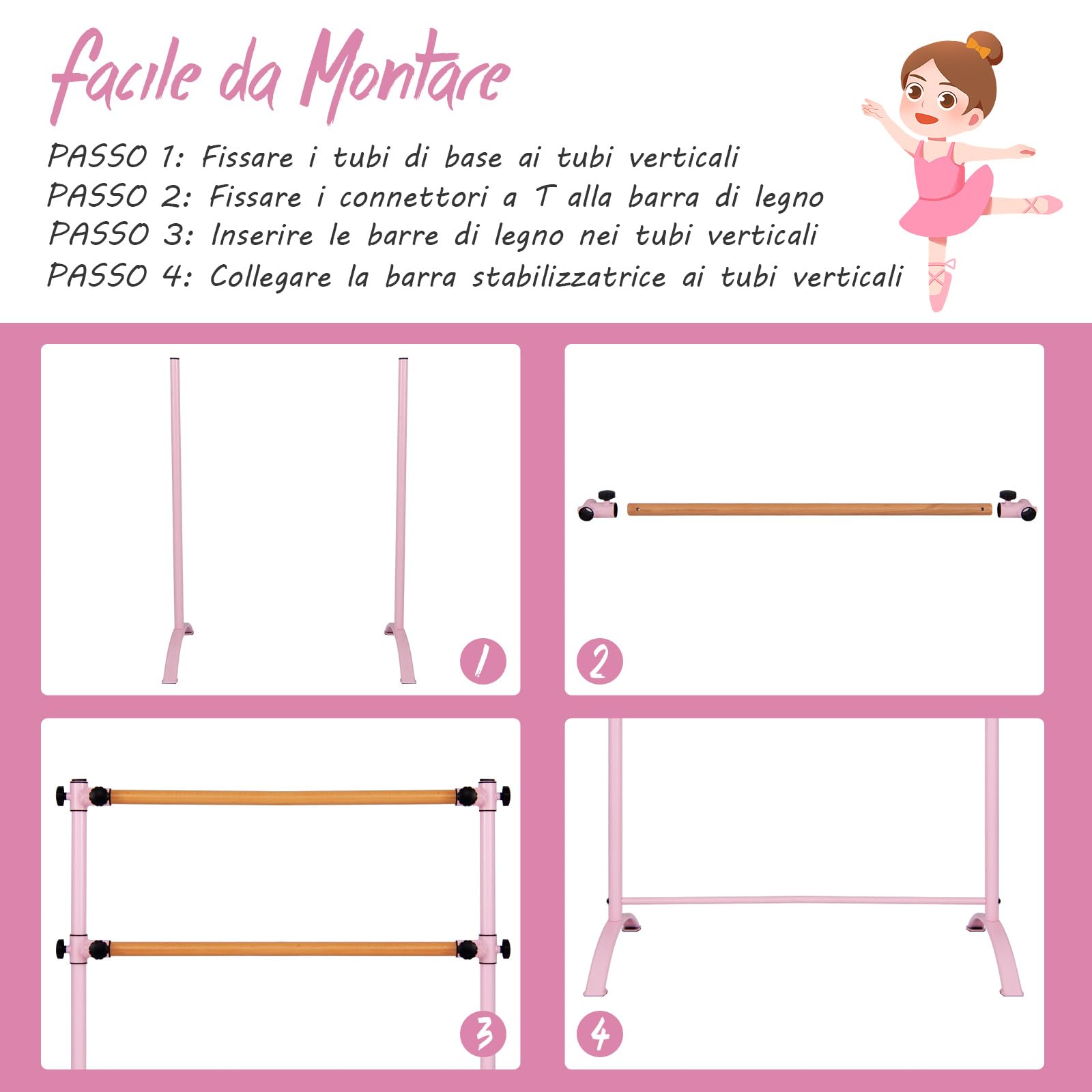 COSTWAY Sbarra Danza Classica Portatile per Bambini ed Adulti, Barra per Balletto Regolabile in Altezza per Stretching, Danza Classica e Allenamento, Ideale per Palestra e Casa