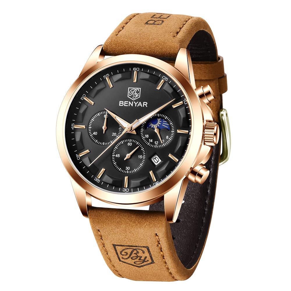 BY BENYAR Mens Watch Waterproof Chronograph Date Watch for Men Brown Leather Strap Quartz Movement Analog Watch Business Casual Gift for Men 5160 Black