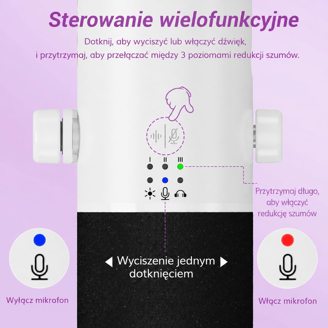 TONOR Dynamiczny mikrofon do gier, mikrofon XLR/USB do strumieniowego przesyłania, redukcja szumów AI, sterowany RGB, wyciszenie, gniazdo słuchawkowe 3,5 mm, mikrofon z ramieniem szubienicowym, biały