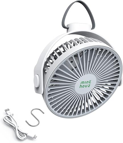 Minthouz Ventilador de camping portátil ventilador recargable de 4000 mAh con gancho ventilador USB de 4 velocidades con cuerda para colgar