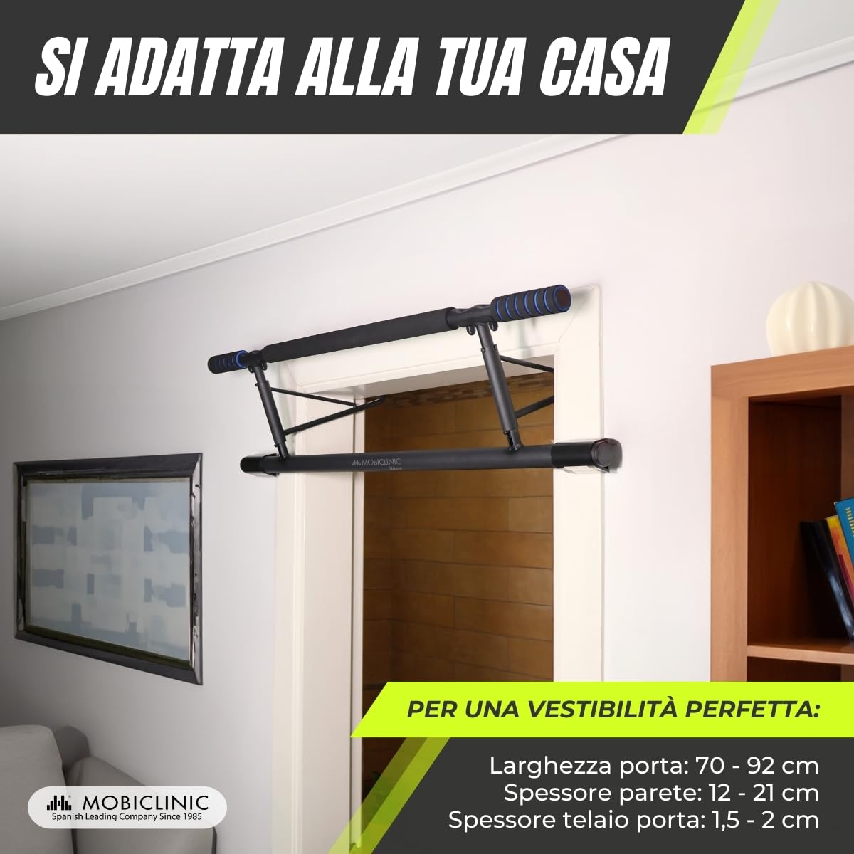 Mobiclinic®, Barra per trazioni sospese, Senza attrezzi, K5, Max. 200 kg, Con maniglie elastiche e antiscivolo in schiuma, Regolabile da 70 a 92 cm, Esercizio domestico, Facile riporre