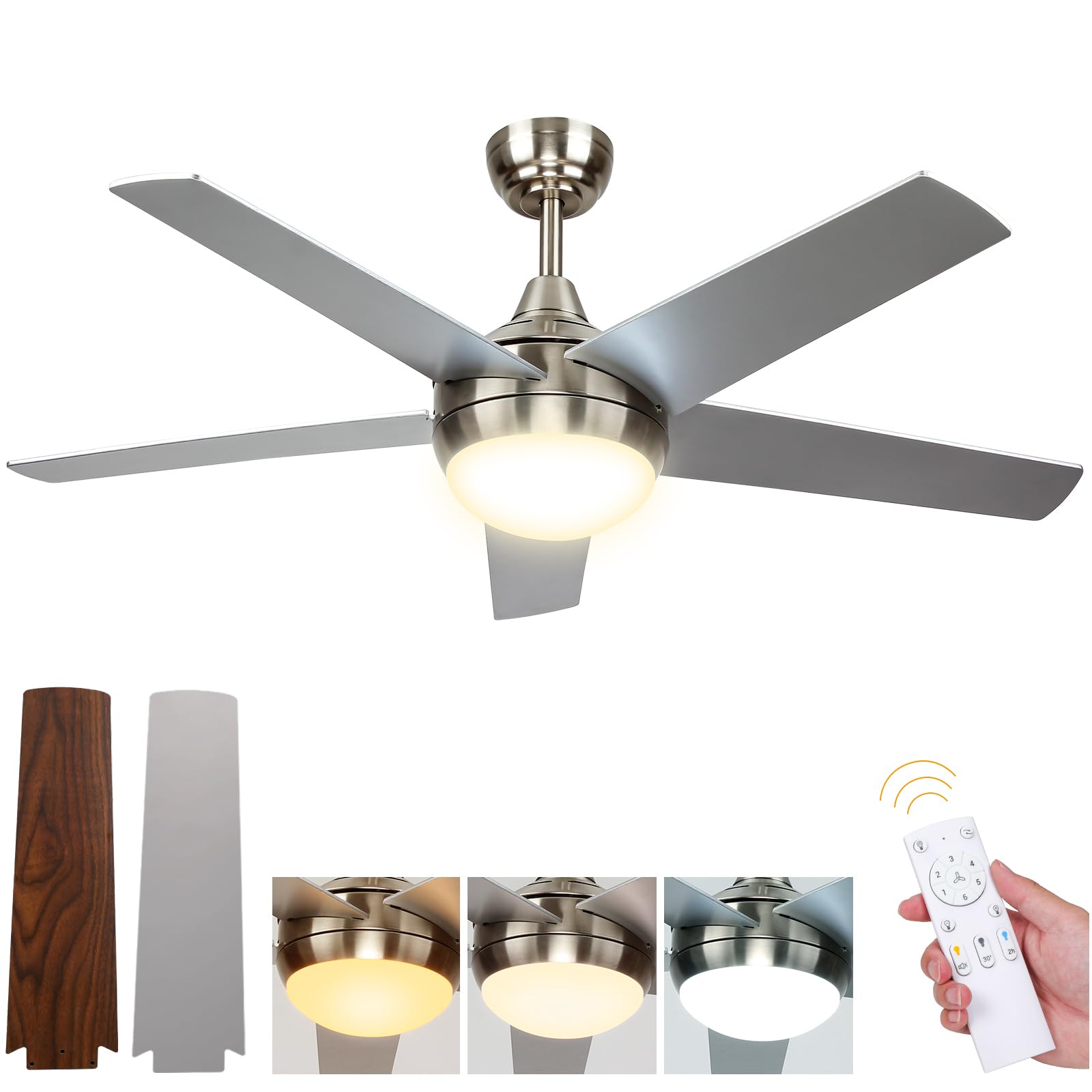 Deckenventilator mit Beleuchtung, Leiser DC-Ventilator 132cm mit Fernbedienung, Dimmbare Lampe 3000K-6500K, 5 Flügel, 6 Geschwindigkeiten, Timer, für Schlafzimmer, Esszimmer, Wohnzimmer, Küche, Büro