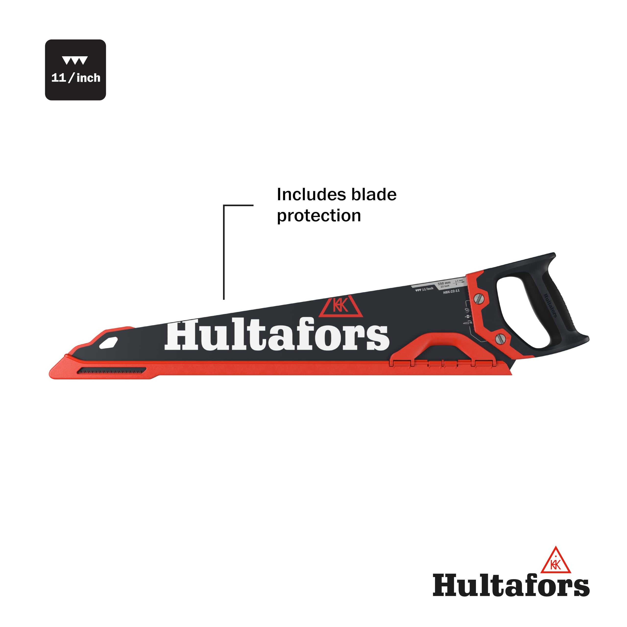 Handsäge 550mm von Hultafors I 11 Zähne pro Zoll I 45° & 90° Markierung I Säge für Holz & Laminat I Mit umweltfreundlicher Wachs-Pulverlackierung & ergonomischem Griff I Inkl. Klingenschutz I 591103