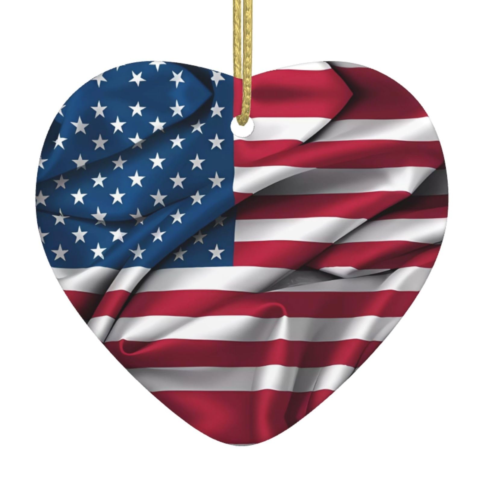 American Flag Ceramic Christmas Heart Pendant with Silk Thread, Christmas Tree Home Decoration