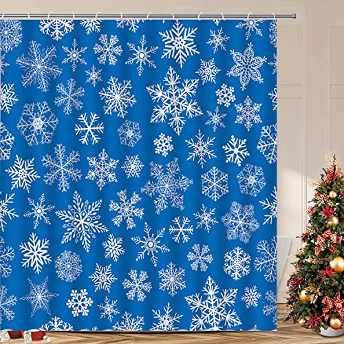 Merry Christmas Duschvorhang Weiß Schneeflocke Blau Hintergrund Winter Urlaub Festival Thema Polyester Vorhänge Badezimmer Dekor mit Haken 178 x 178 cm Cover