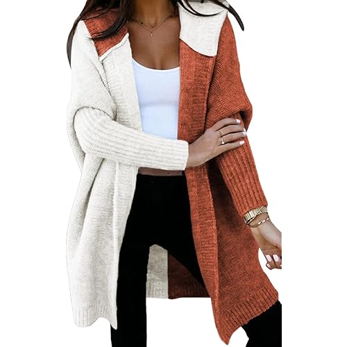 Astylish Women 2024 Open Front Long Sleeve Hooded Knit Cardigan Sweaters Color Block Outwear Coat