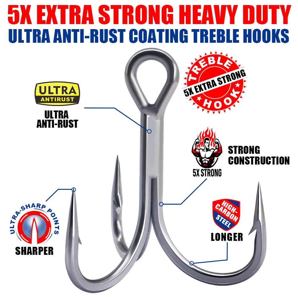 Fishing-Treble-Hooks-5X-Extra-Strong-Heavy-Duty Ultra Anti-Rust Bulk Hooks for Saltwater and Freshwater Fishing Sizes 5/0 to #8 (5X Extra Strong, Size:4 24-Pack)