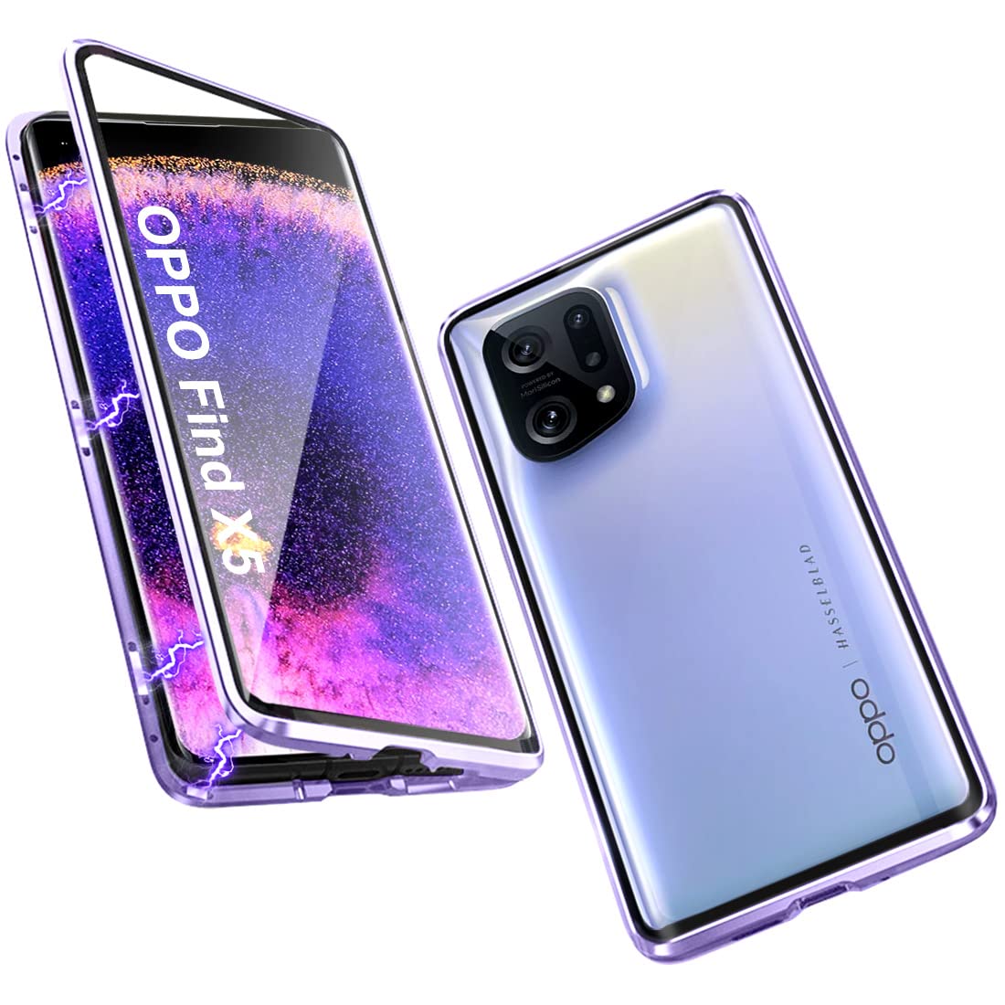 DOCOOCase Compatible with Oppo Find X5, Magnetic Adsorption 360 Protection Front Back Tempered Glass Aluminum Frame Cover Transparent Shockproof Case, Purple