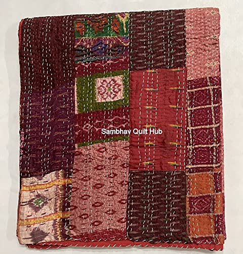 Colcha de seda multicolor con retazos estilo sari, vintage, indio, reversible, súper suave y cálida, decoración para sala de estar, sofá y sofá, 60 x 67 pulgadas (rojo)