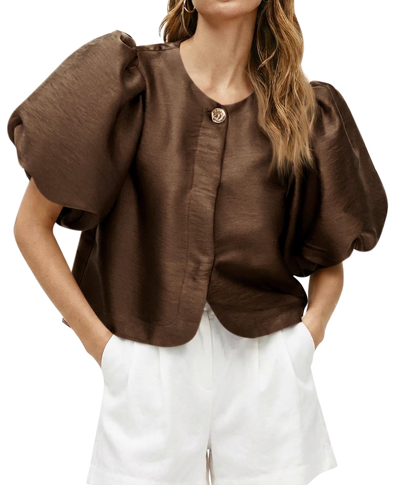 Cicy Bell Womens Silk Satin Shirts Puff Sleeve Button Down