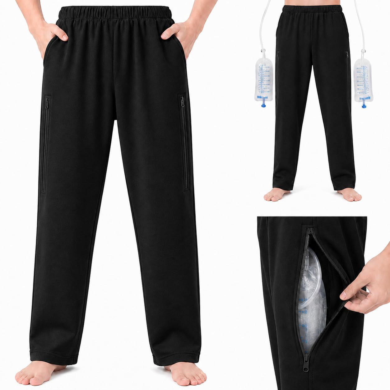 Pantaloni per Catetere per Uomo, Pantaloni per Sacca da Gamba per Catetere con Doppie Tasche con Cerniera, Pantaloni per Sacca per Urina