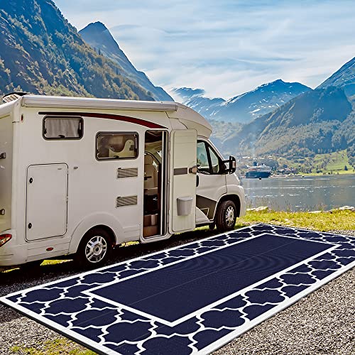 Image of GENIMO Outdoor Rug, Waterproof Plastic Rugs 10'x20' for Camping Blue White | Outside Larger Modern Carpet Mat for Patio Decor, RV, Porch, Camper, Deck, Picnic, Beach, Backyard, Reversible, Foldable