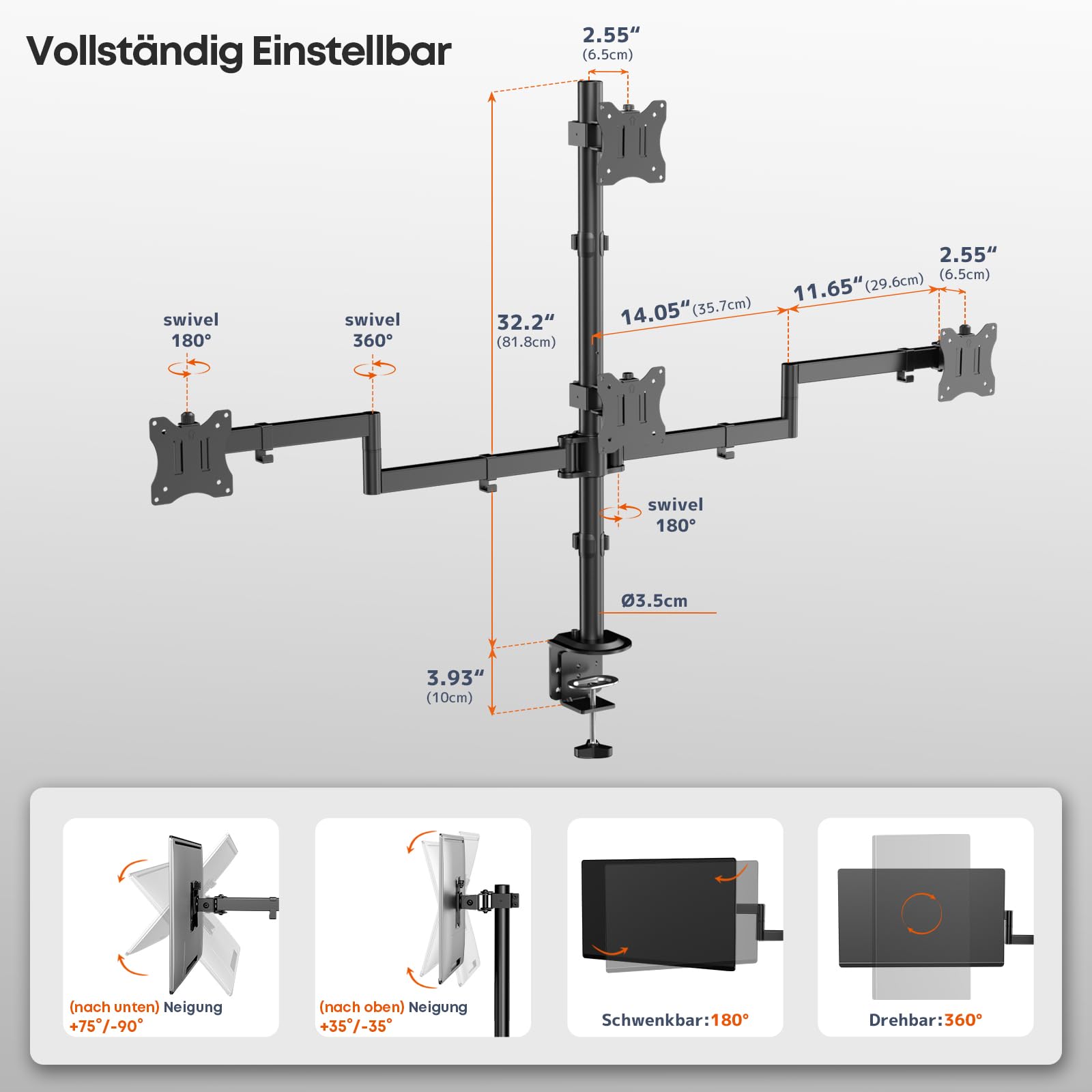 Monitor Halterung für 4-Monitore 17"-27" - Monitor Tischhalterung für LED LCD Bildschirme, Höhenverstellbar Monitor Halterung übereinander Monitorhalterung, 10kg pro Arm, VESA 75/100, Schwarz
