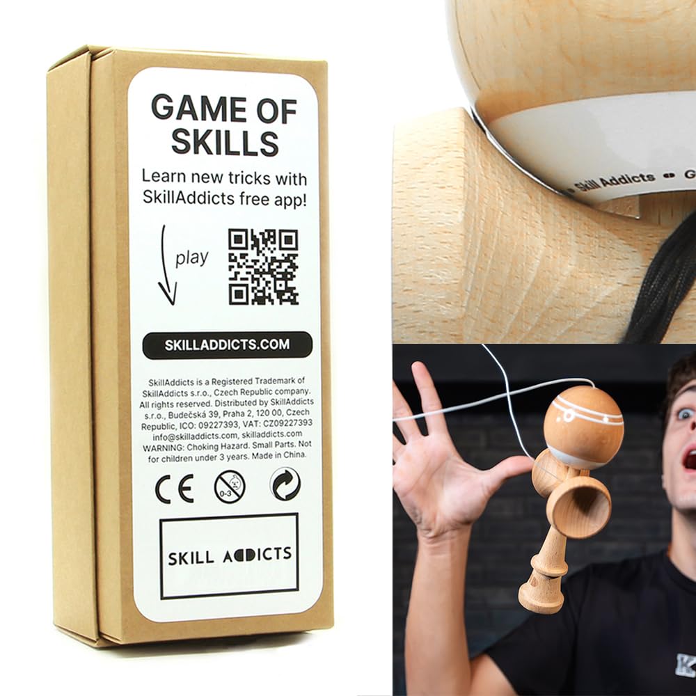 Kendama - drewno (do każdego poziomu umiejętności, łącznie z zestawem naklejek, zapasowym sznurkiem i aplikacją do nauki sztuczek)