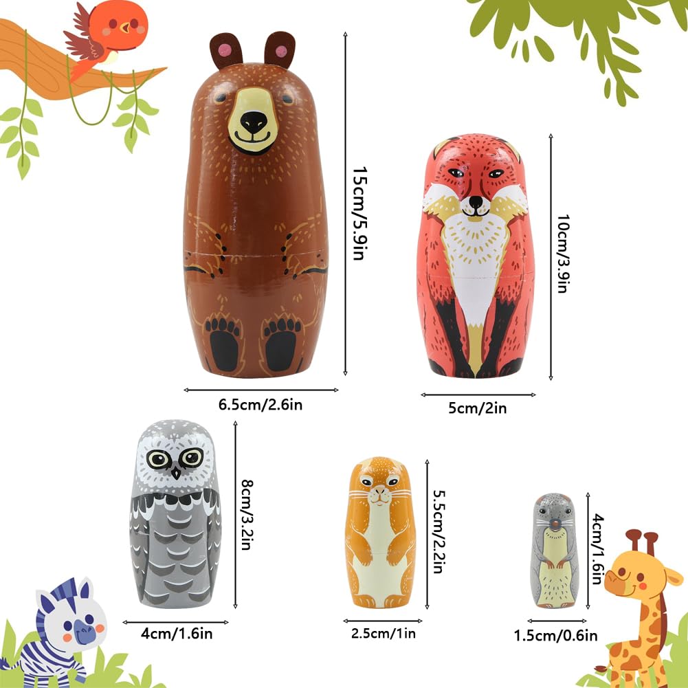 Lot de 5 poupées gigognes en Bois à thème Animal Mignon, Ours Renard Hibou Lapin Souris Jolie poupée Russe matriochka Jouet empilable pour Enfant Noël fête d'anniversaire décoration de la Maison