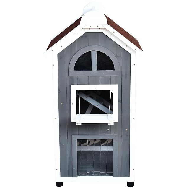 Foto 8 de 8 de PawHut Casa Exterior para Gato de 2 Pisos Gris 59x55x109cm