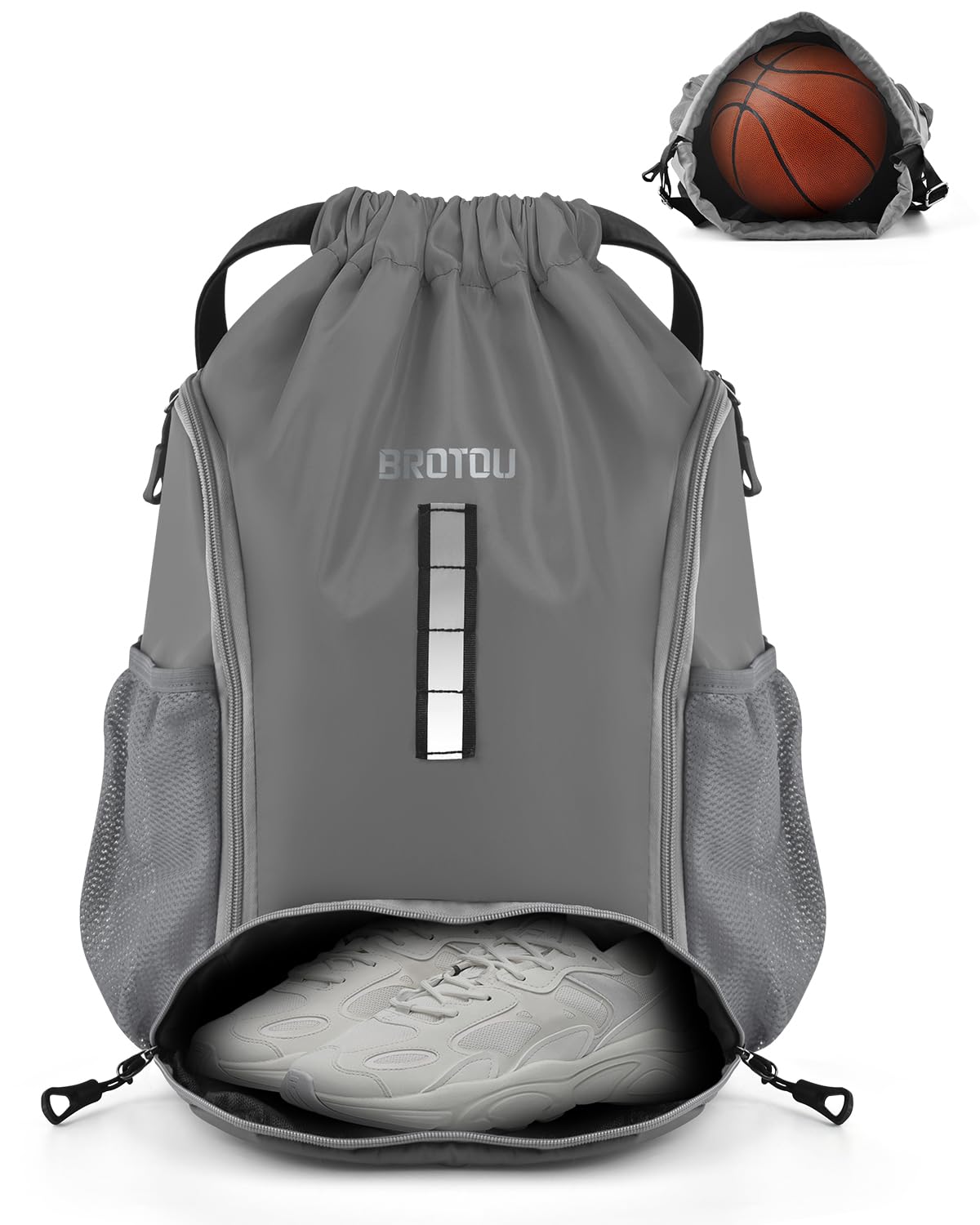 BROTOU Waterproof Drawstring Sports Backpack, Unisex PE Backpack Gym Bag with Large Shoe Bag, for Football, Basketball, Volleyball (B, Grey) โ image 1