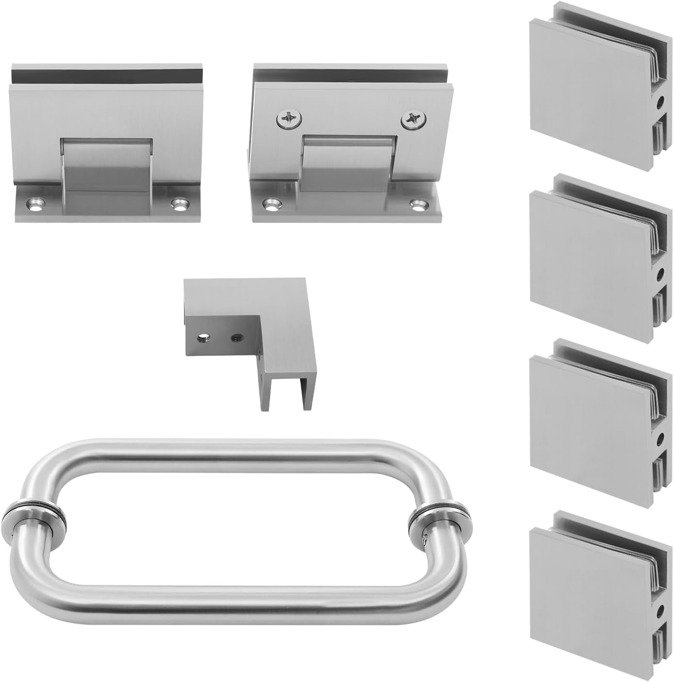 Shower Door Hardware Kit, Glass Shower Door Hinges and Pull Handles, L-Shaped Corner, 5 Glass Clamps for 6-12mm Frameless Glasses, Bathroom Door Fixing Fittings for Home Hotel Spa (9, Silver)