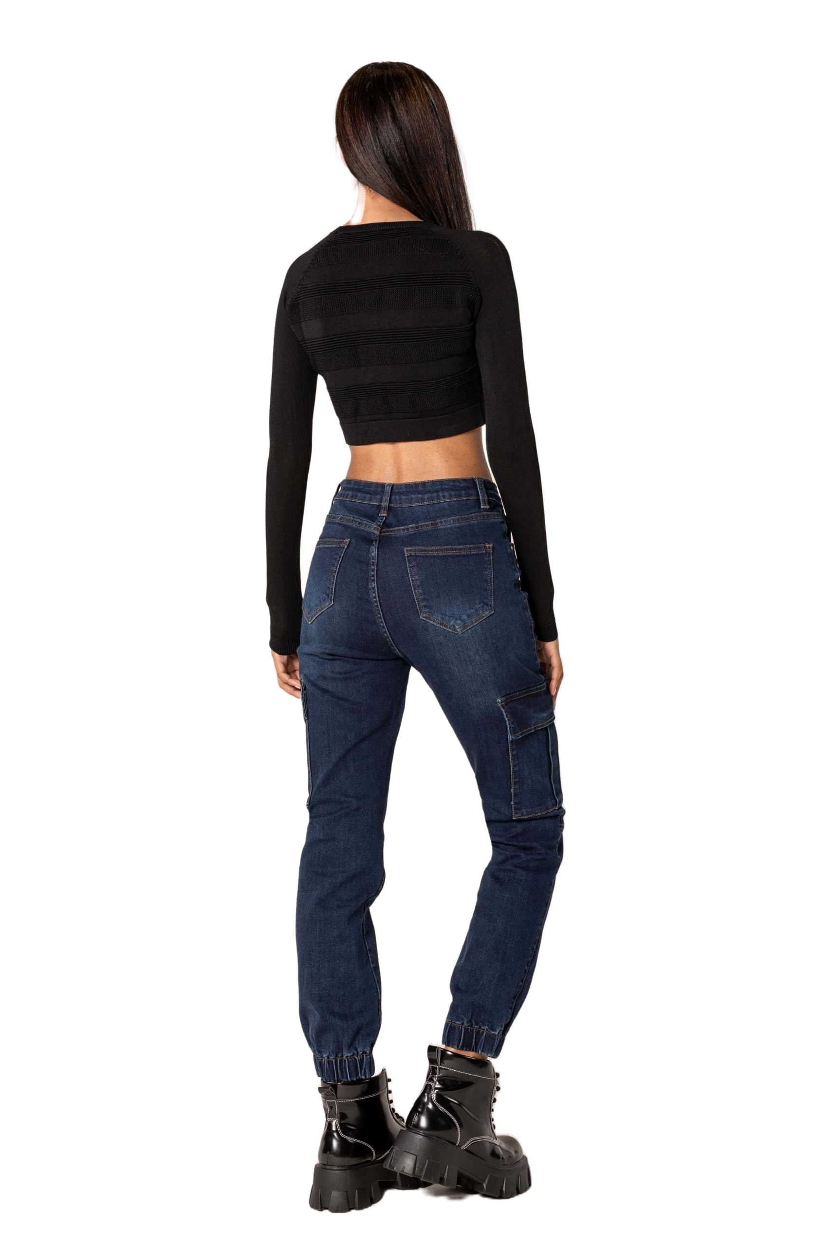 Nina Carter P219 Pantalones vaqueros cargo para mujer, cintura alta, corte relajado, puños elásticos, aspecto desgastado
