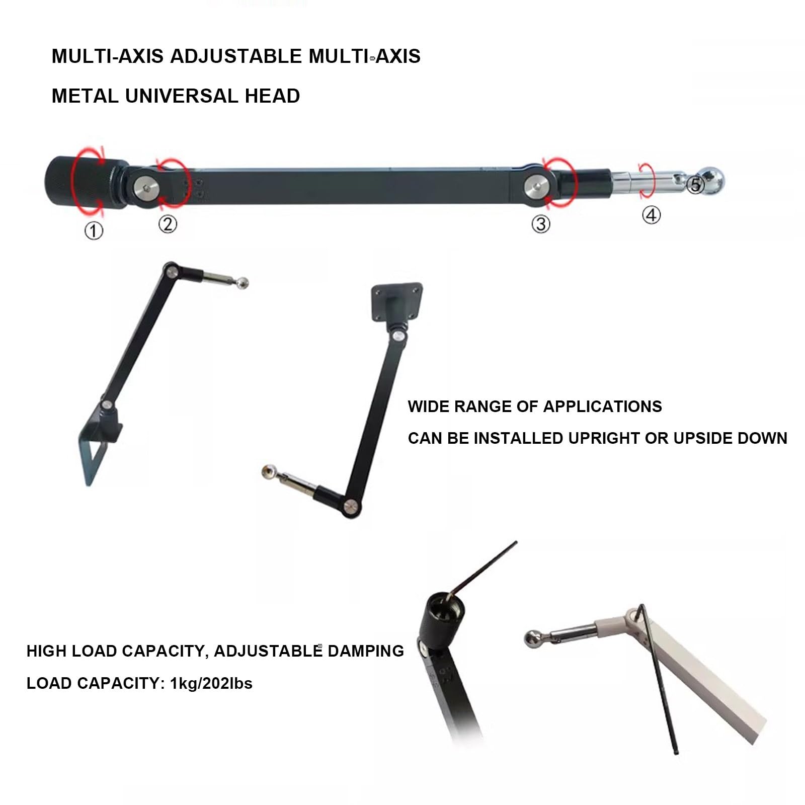 Wandmontage Föhn Halterung, Fönhalter, Ganzmetall, 360° Drehbar, Verstellbarer arm, Klebe/Bohrmontagemöglichkeiten, Geeignet for Badezimmer(Black)
