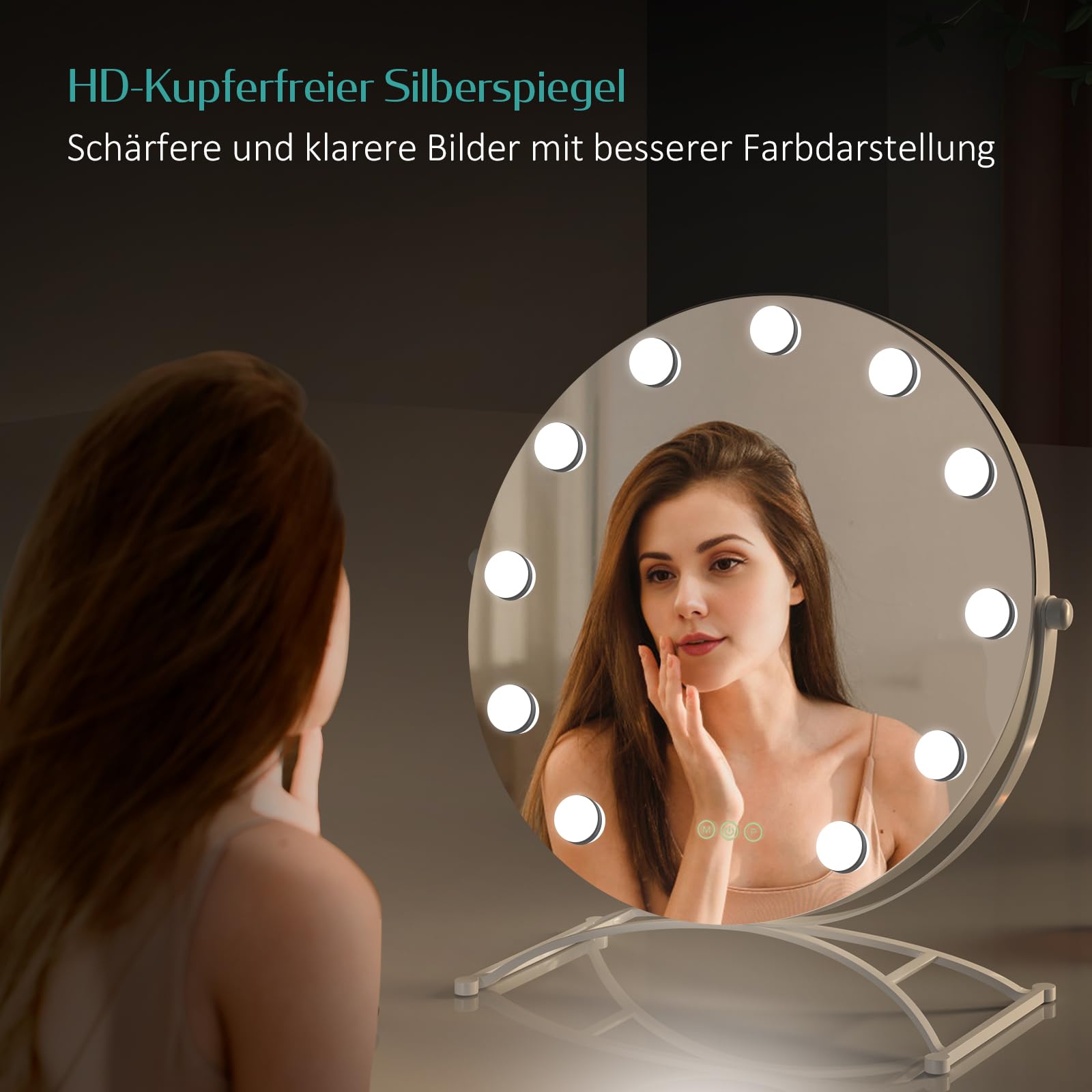 EMKE Hollywood Spiegel rund 50cm, Weiß, 3 Lichtfarben | Schminkspiegel mit Beleuchtung, 360 Grad drehbar, 9 LED Lampen, dimmbar, Speicherfunktion, Kosmetikspiegel für Schminktisch