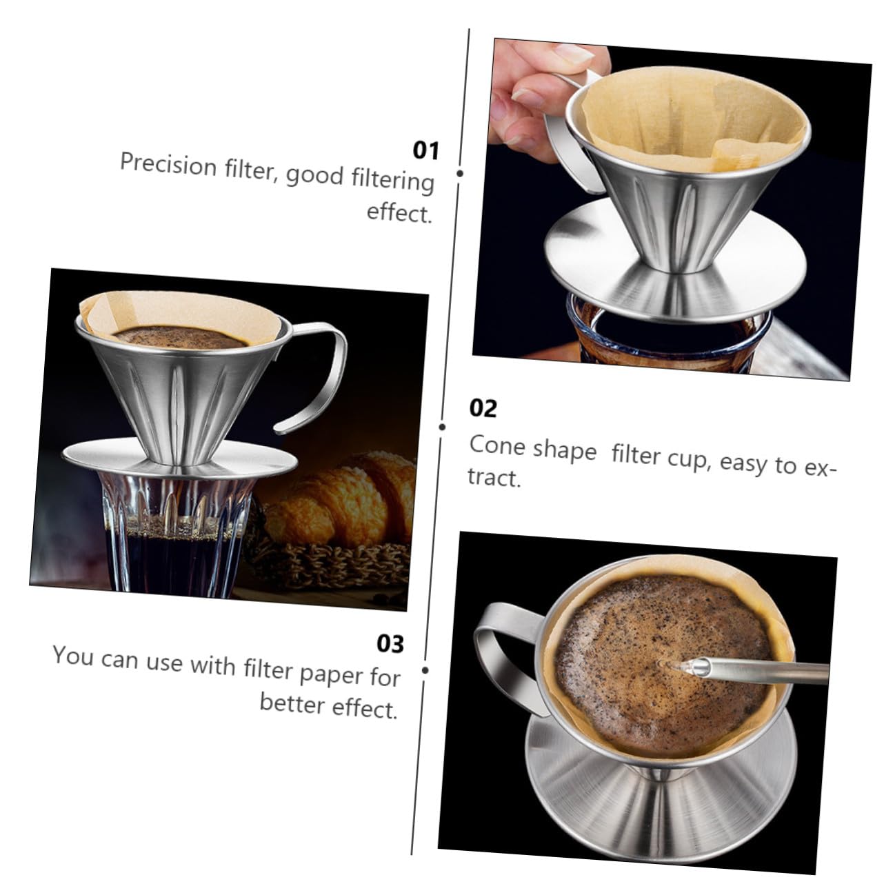 Filtro de Café Reutilizable de Acero Inoxidable con Mango Malla de Precisión para Filtrado Diseño Embudo para Vertido Rápido sin Duradero y Seguro para Uso Doméstico y Oficina