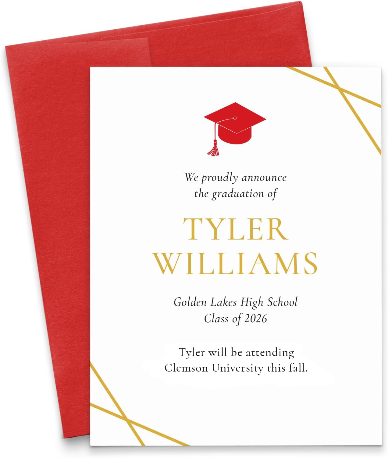 Custom High School Graduation Announcements With Envelopes, FLAT Senior 2026 Graduation Announcement Cards, Personalized Grad Announcements Formal, Your Choice of Cap Color, Quantity, & Envelope Color