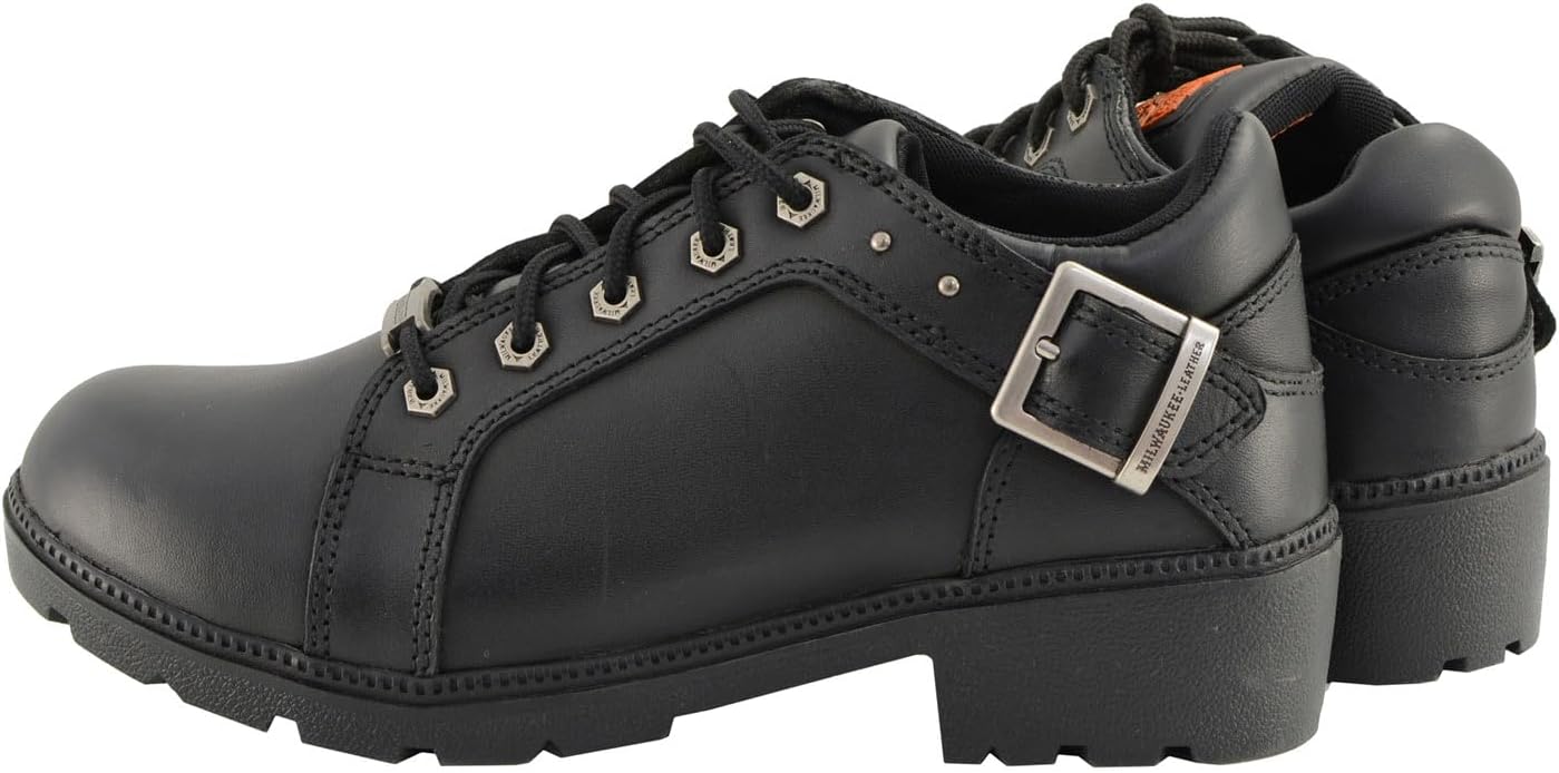 Milwaukee Leather MBL9311 Women's Black Leather Lace-Up Motorcycle Riding Shoes with Anti-Slip Outsole