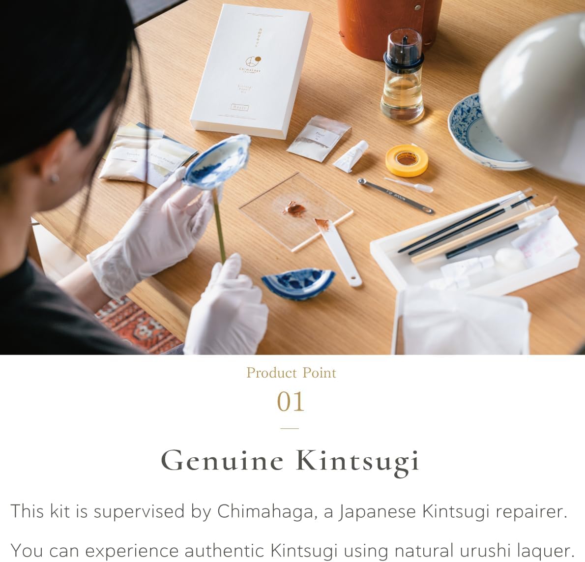Chimahaga Kintsugi Repair Kit for Beginners -Standard- Genuine Gold Japanese Traditional Kintsugi Set urushi DIY