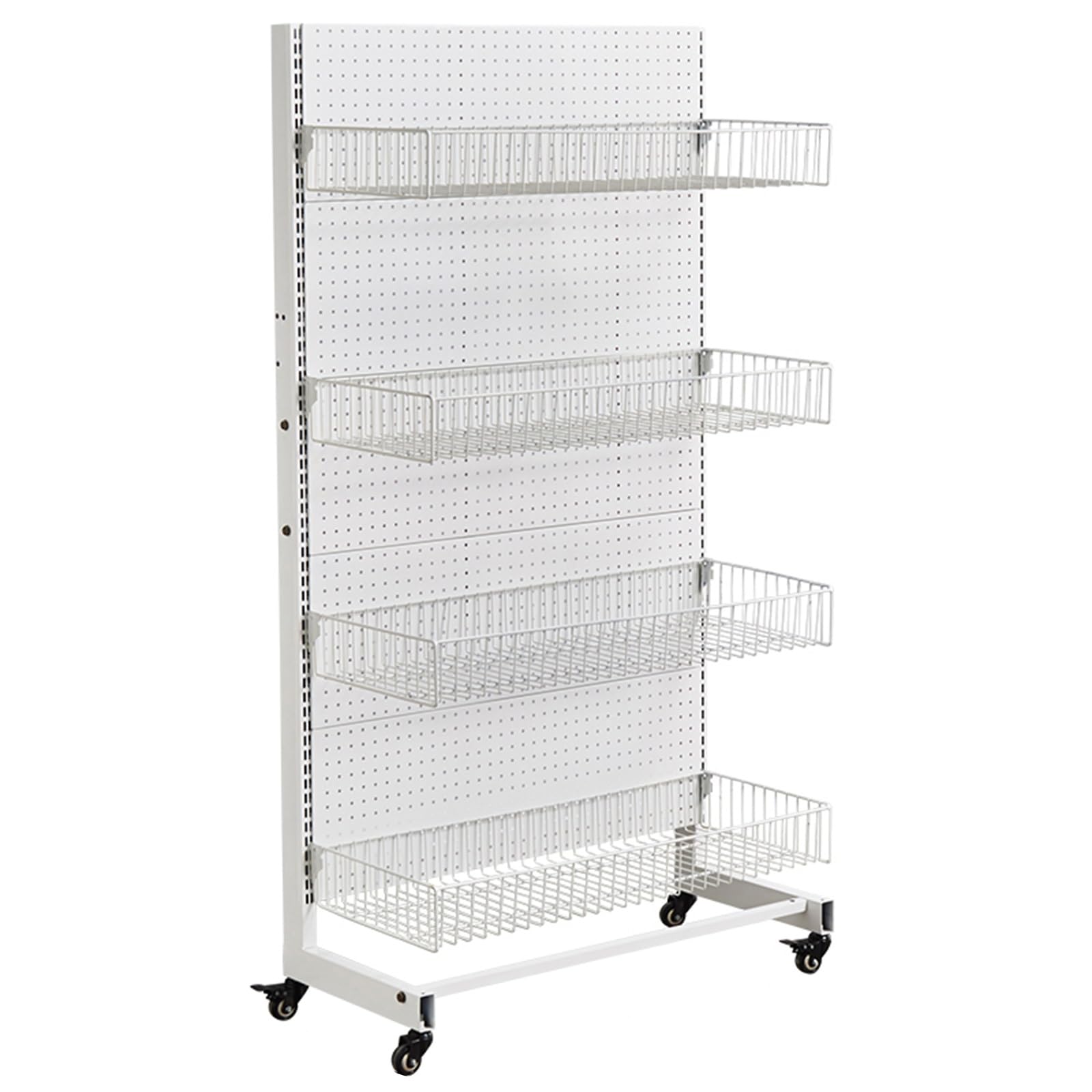 YNBSHGAA Retail Gondola Shelving Display Rack, Standing Pegboard Display with Wheels, Single-Sided Supermarket Shelves with Hanging Basket for Office Supply,0-White-73x40x170cm