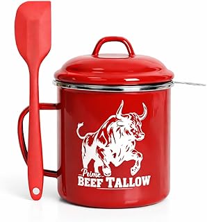 Beef Tallow Container with strainer for Fat Storage – 40 floz –1.1 L – Bacon Grease Container, Strainer, & Spatula for Brisket Drippings, Lard, & Oil– Grease Keeper for Kitchen - Dishwasher Safe (Red)